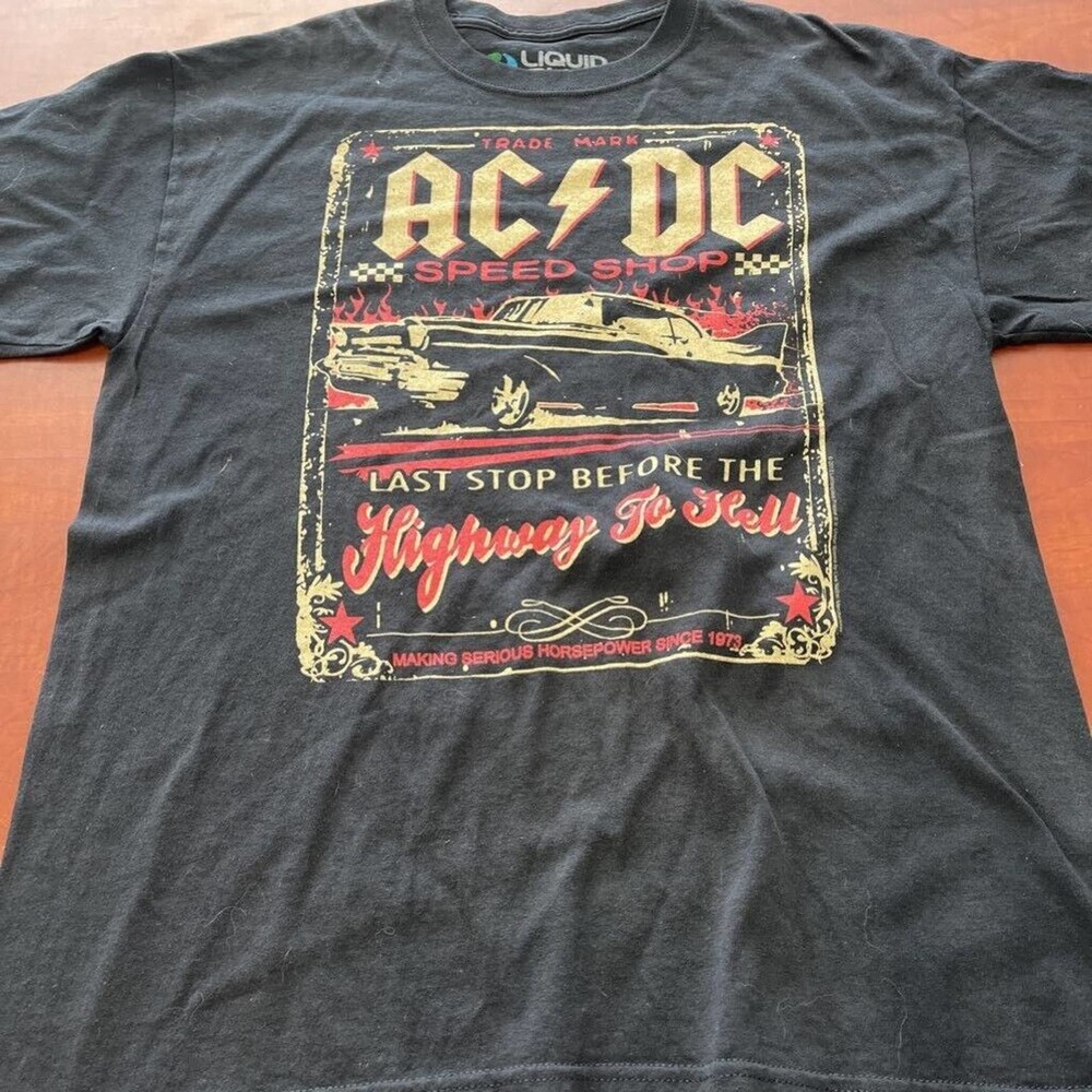 Ac/Dc Speedshop Mens Liquid Blue Graphic T-Shirt Black Yellow Crew Neck Cotton L